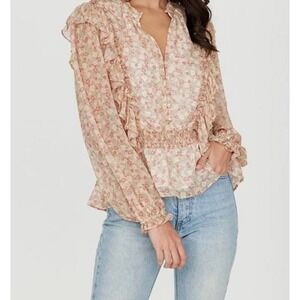 YUMI KIM Angel Eyes Clover Top Blush Floral Ruffle‎ Smocked Waist Peplum Size L